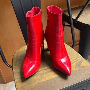 Women's Red Patent Pointed Ankle Booties with Side Zip